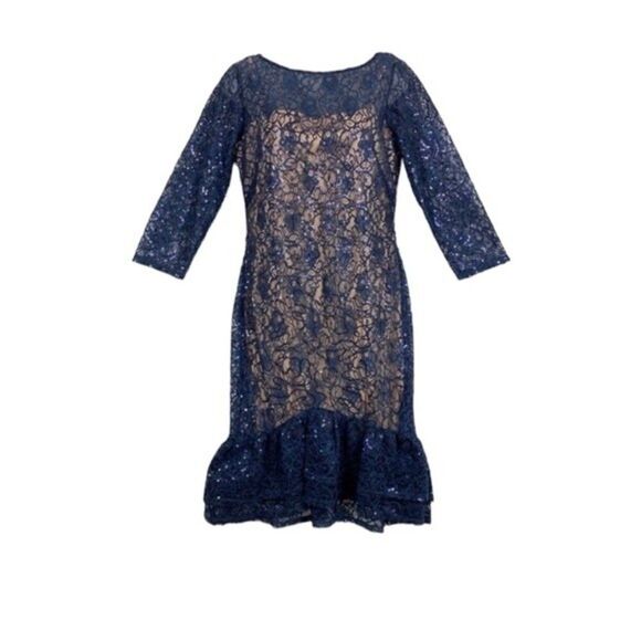 NWT Marina Blue Lace Sequin 3/4 Sleeve Shift Dress Size 8 - Picture 4 of 13
